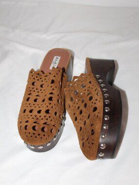 Alaïa Alaia Vienne Cut Out Suede Leather Wood Pumps Rivet Studded Clogs Mules 38